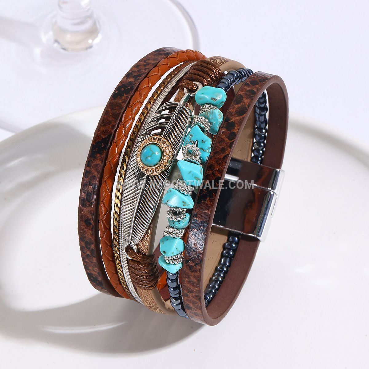 Cross-Border Jade Bohemian Style Bangle Crushed Stone Feather Leather Bracelet Vintage Turquoise Magnetic Clasp
