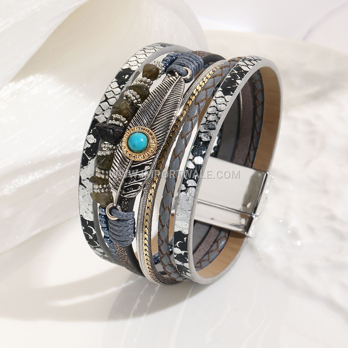 Cross-Border Jade Bohemian Style Bangle Crushed Stone Feather Leather Bracelet Vintage Turquoise Magnetic Clasp