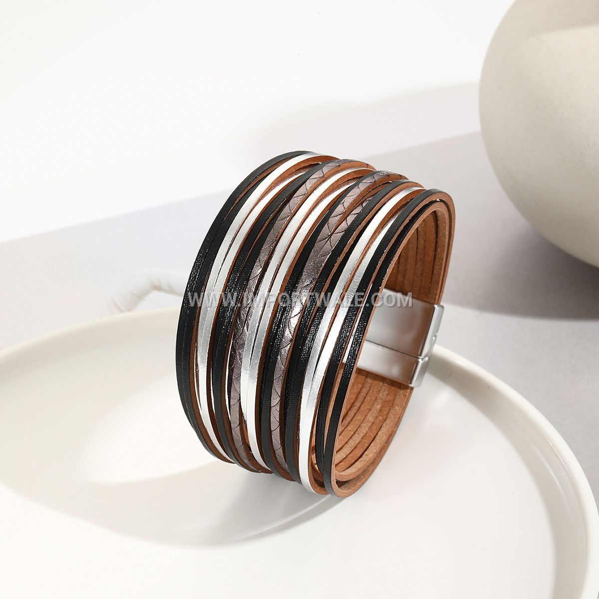 New Amazon Multi-Strand Gradient Men's Leather Cord Bracelet Mixed Color PU Leather Magnetic Clasp