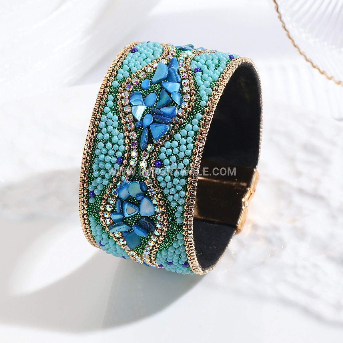 Cross-Border Foreign Trade Crushed Stone Bead Leather Bracelet Bohemian Style Gemstone Bracelet Stainless Steel Magnetic Clasp