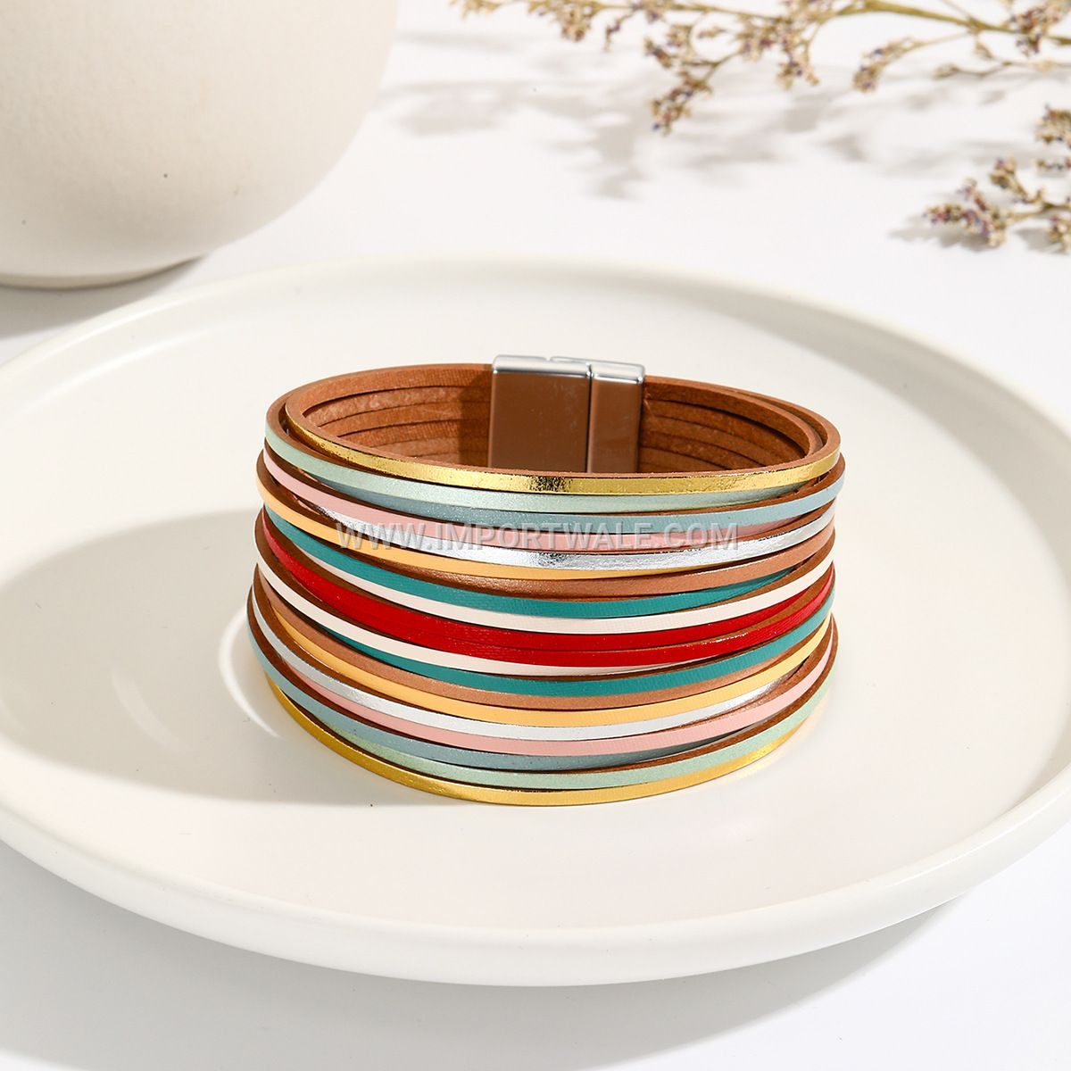 New Amazon Multi-Strand Gradient Men's Leather Cord Bracelet Mixed Color PU Leather Magnetic Clasp