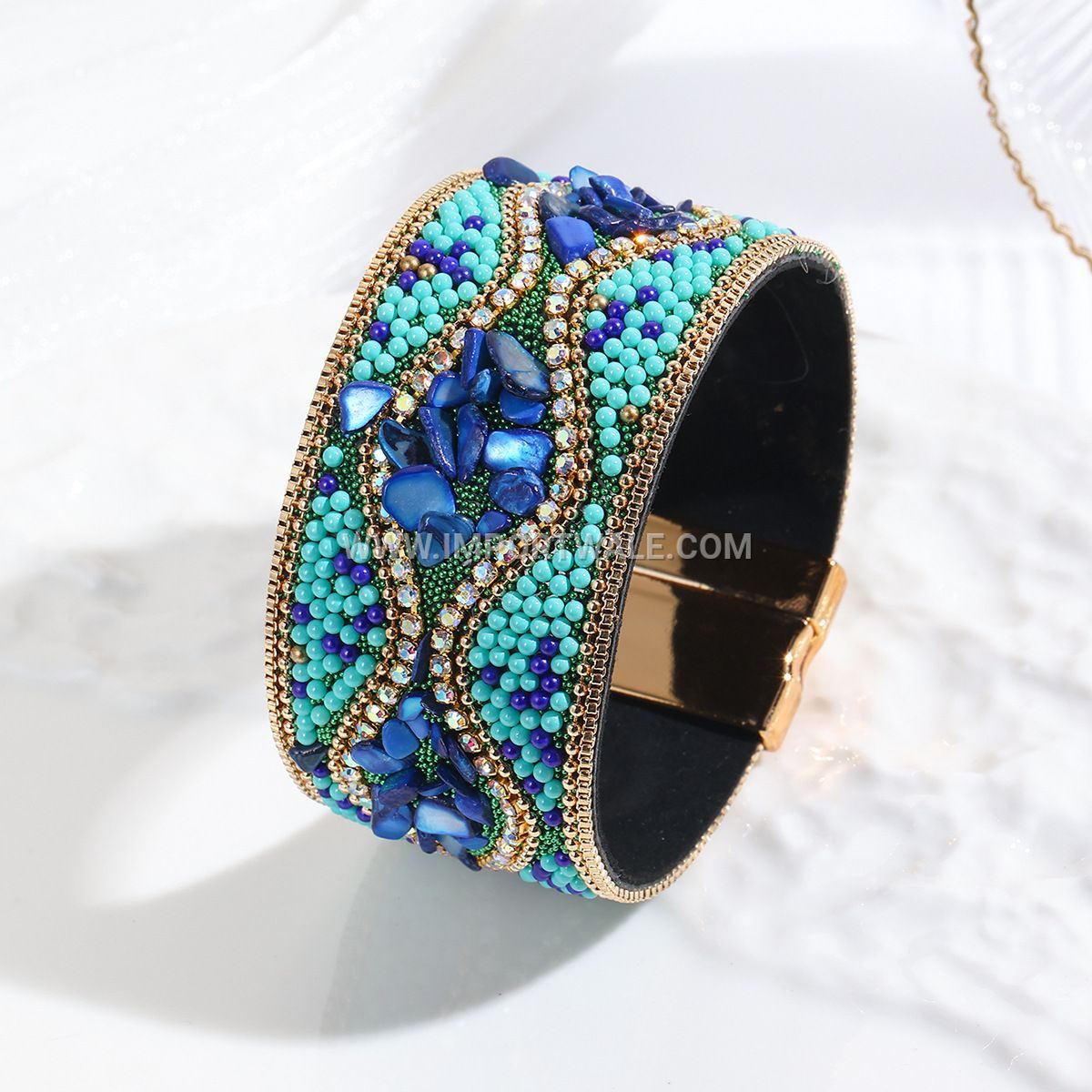 Cross-Border Foreign Trade Crushed Stone Bead Leather Bracelet Bohemian Style Gemstone Bracelet Stainless Steel Magnetic Clasp