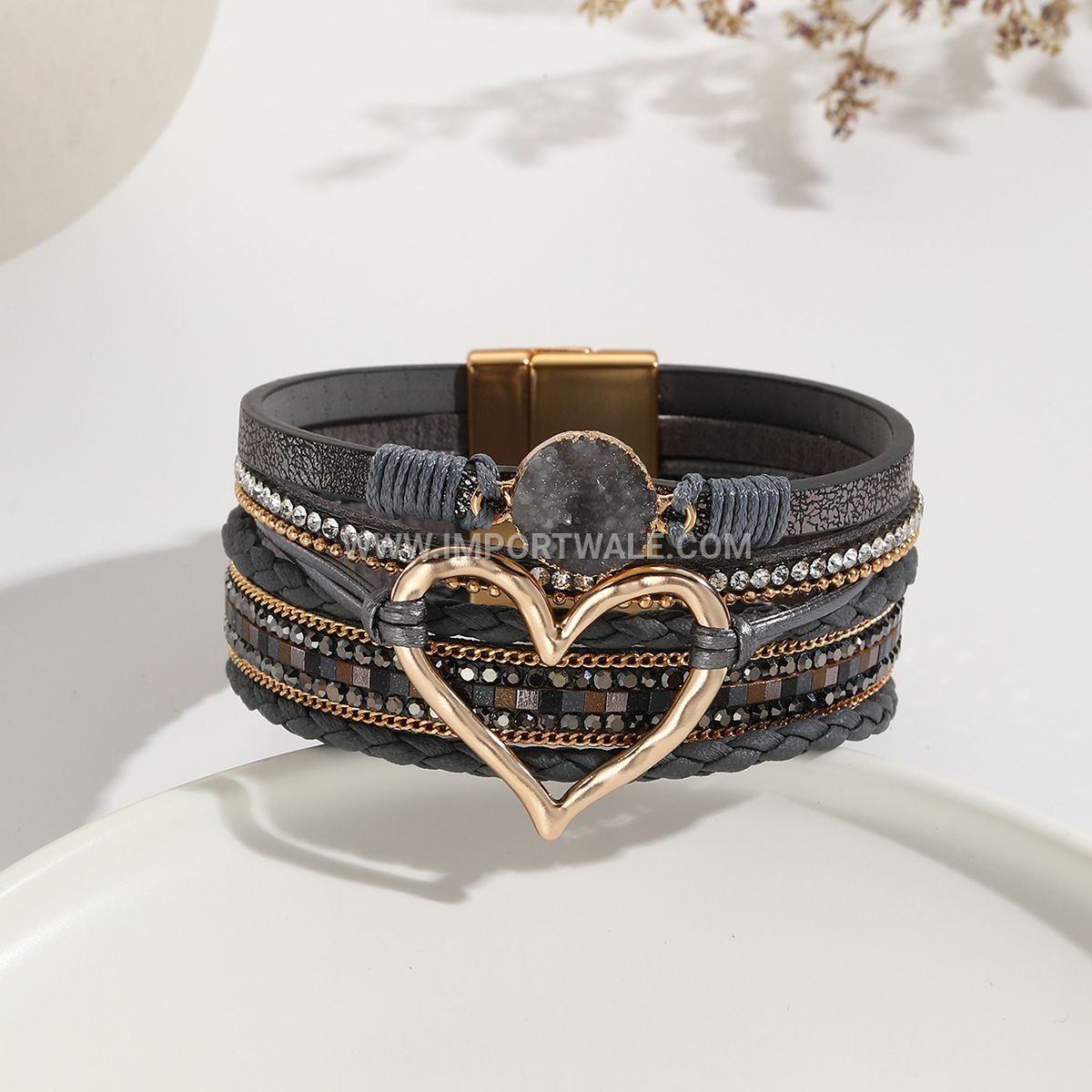 European American Cross-Border Foreign Trade Leather Cord Bracelet Bohemian Multi-Layer Bangle Raw Stone Heart Bracelet for Women