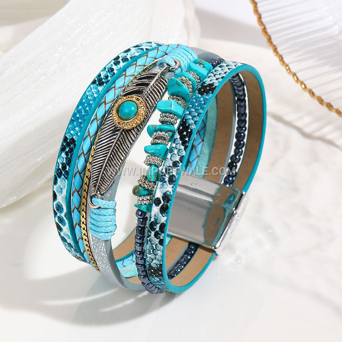 Cross-Border Jade Bohemian Style Bangle Crushed Stone Feather Leather Bracelet Vintage Turquoise Magnetic Clasp