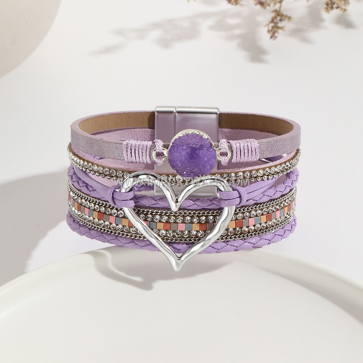 European American Cross-Border Foreign Trade Leather Cord Bracelet Bohemian Multi-Layer Bangle Raw Stone Heart Bracelet for Women