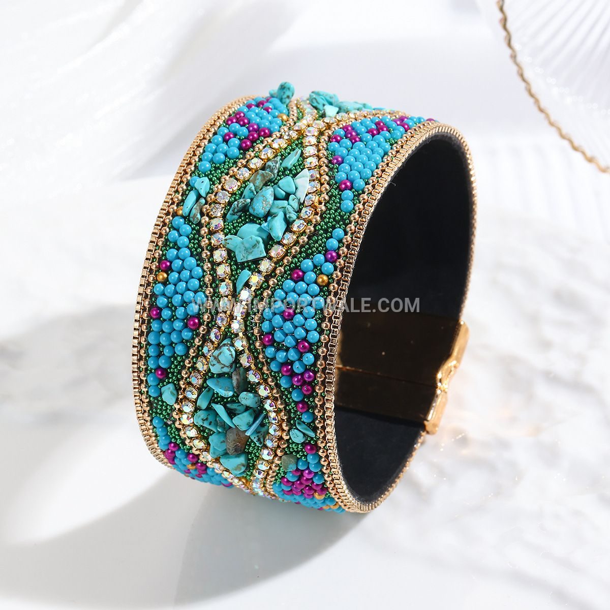 Cross-Border Foreign Trade Crushed Stone Bead Leather Bracelet Bohemian Style Gemstone Bracelet Stainless Steel Magnetic Clasp