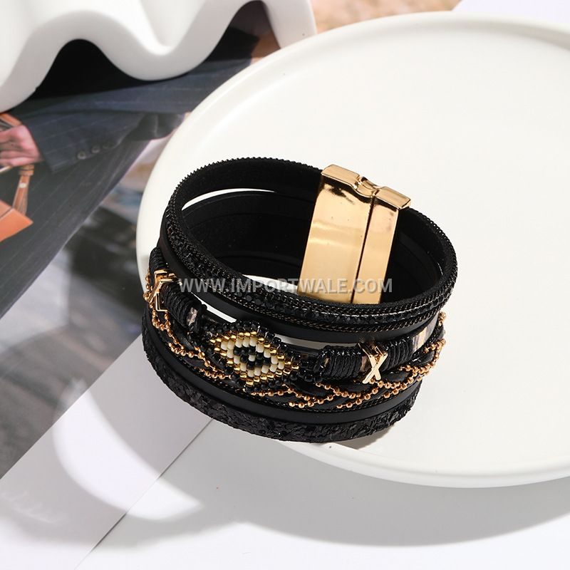 Bohemian Style Cross-Border New Arrival Eye Bead Handwoven Leather Bracelet for Women Simple Jewelry