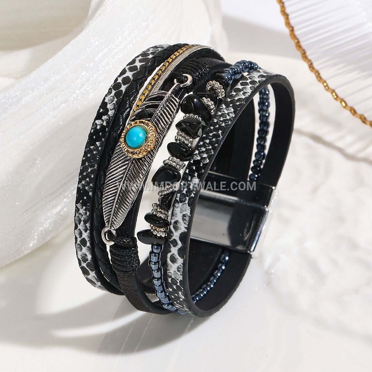 Cross-Border Jade Bohemian Style Bangle Crushed Stone Feather Leather Bracelet Vintage Turquoise Magnetic Clasp
