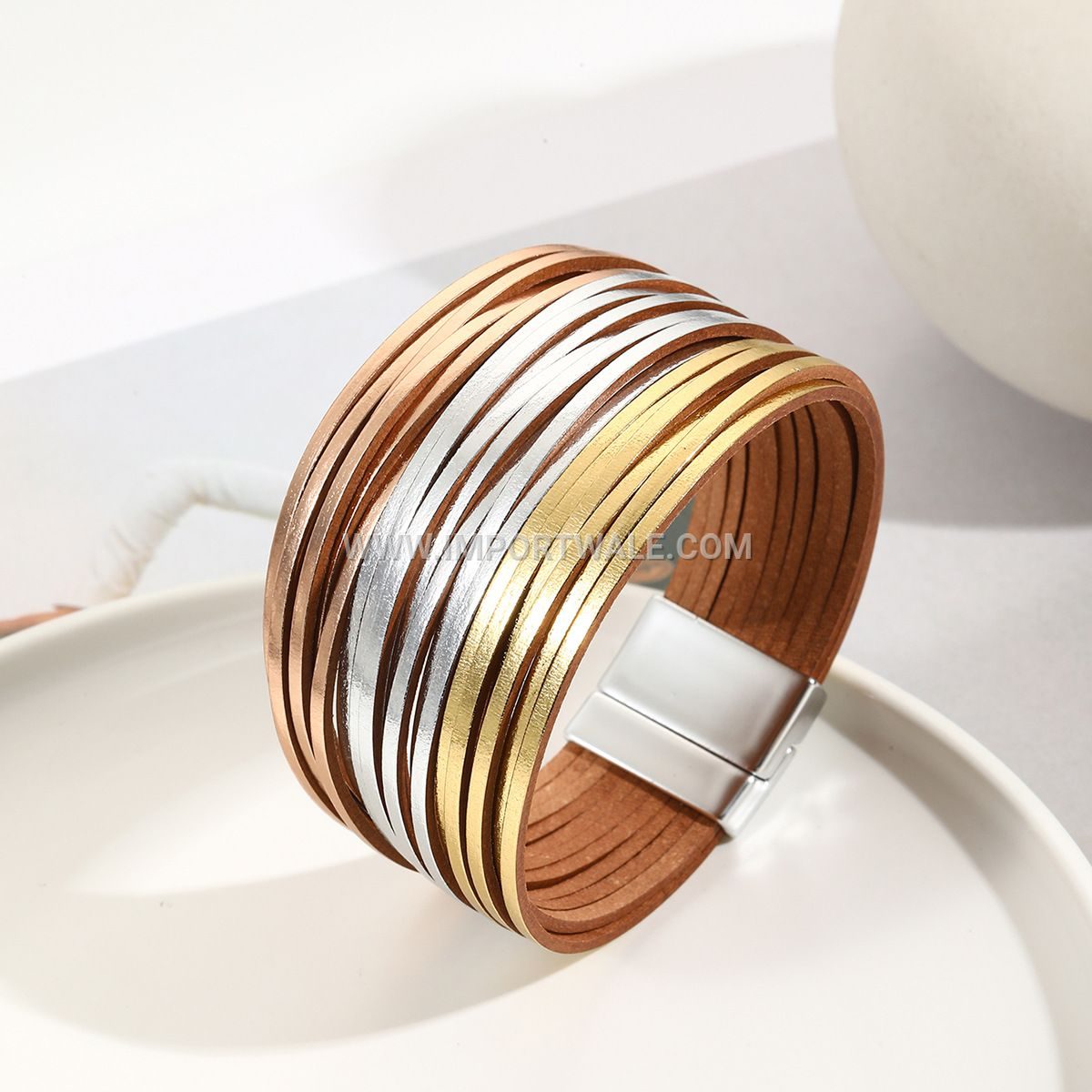 New Amazon Multi-Strand Gradient Men's Leather Cord Bracelet Mixed Color PU Leather Magnetic Clasp