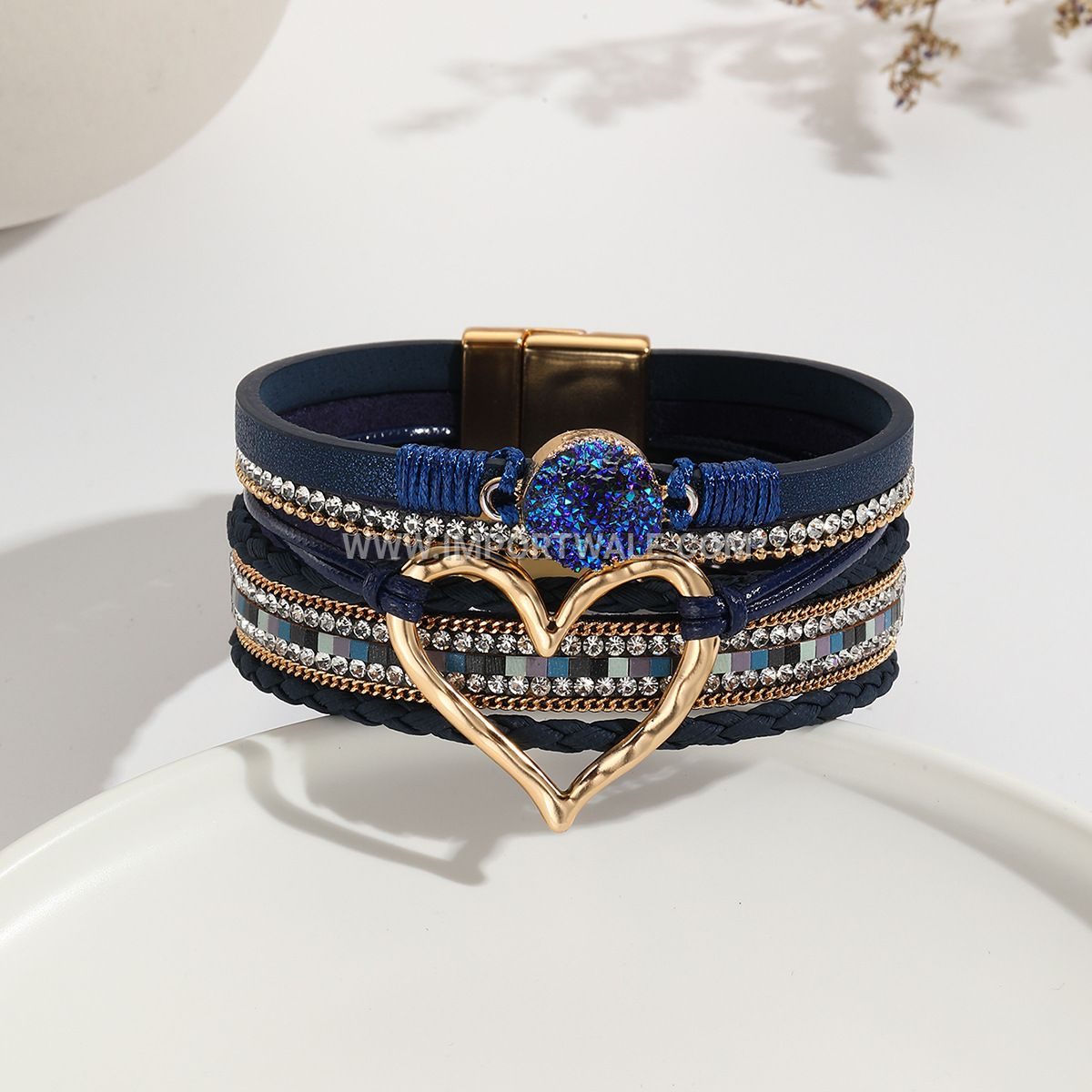 European American Cross-Border Foreign Trade Leather Cord Bracelet Bohemian Multi-Layer Bangle Raw Stone Heart Bracelet for Women