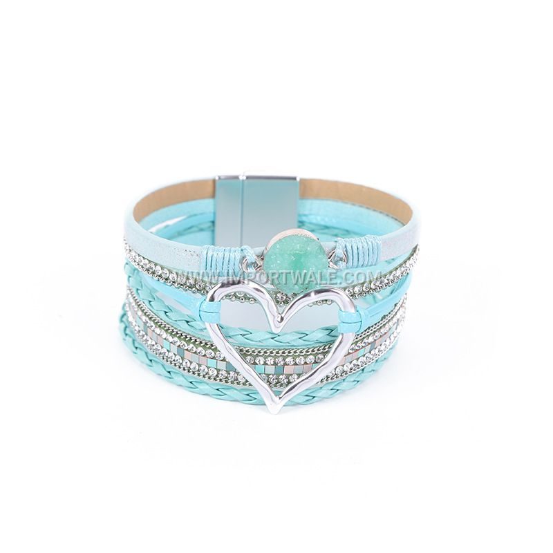European American Cross-Border Foreign Trade Leather Cord Bracelet Bohemian Multi-Layer Bangle Raw Stone Heart Bracelet for Women