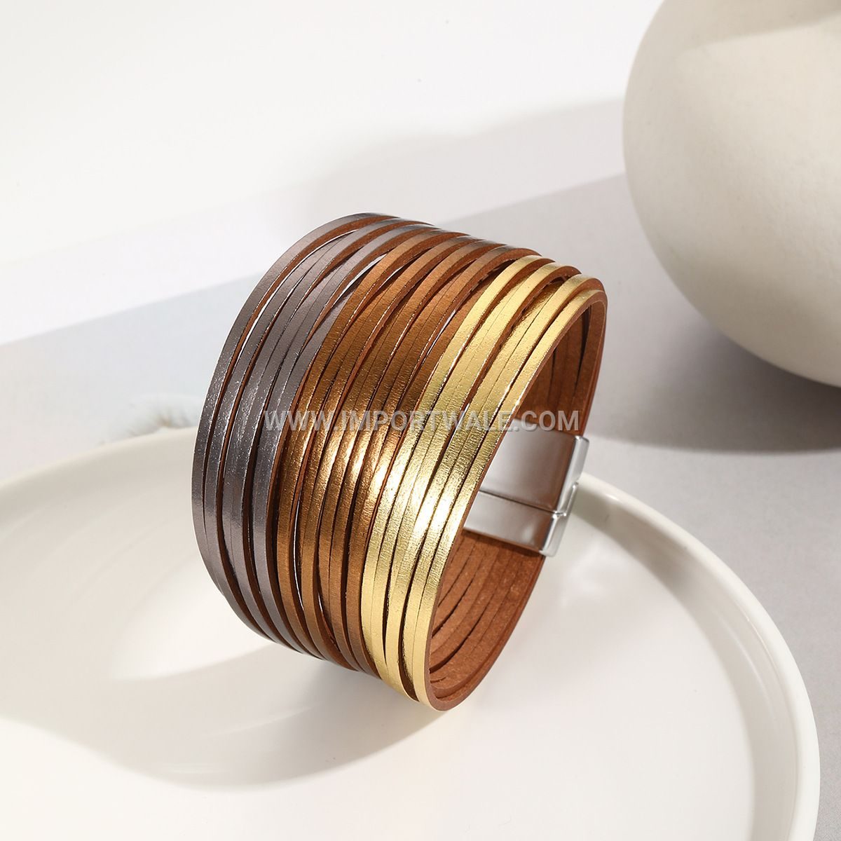 New Amazon Multi-Strand Gradient Men's Leather Cord Bracelet Mixed Color PU Leather Magnetic Clasp