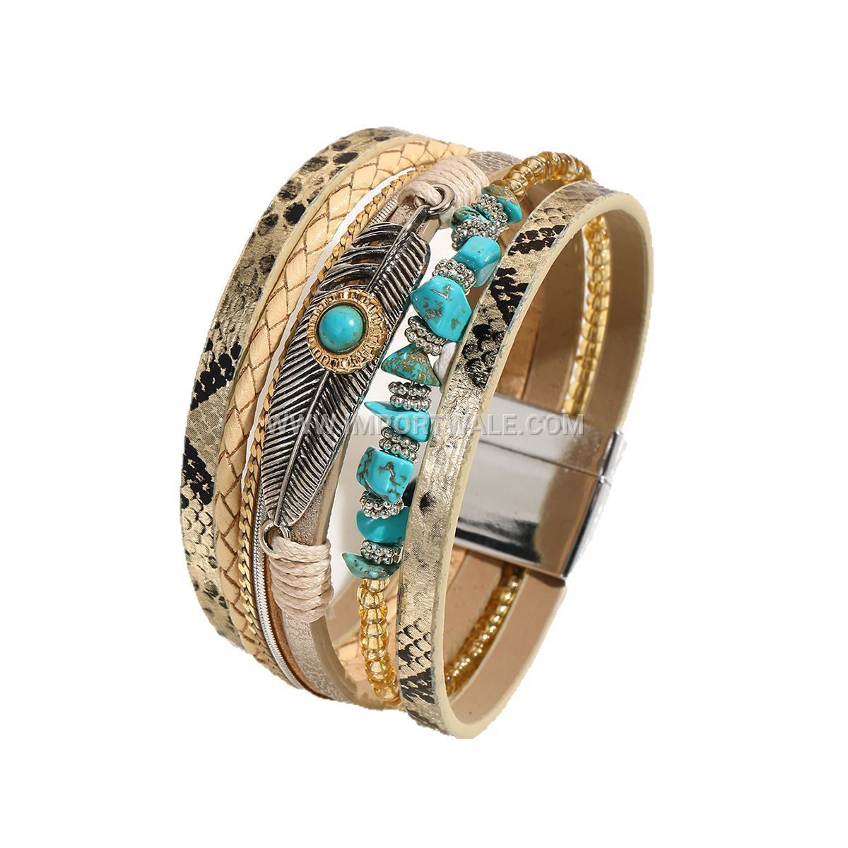 Cross-Border Jade Bohemian Style Bangle Crushed Stone Feather Leather Bracelet Vintage Turquoise Magnetic Clasp