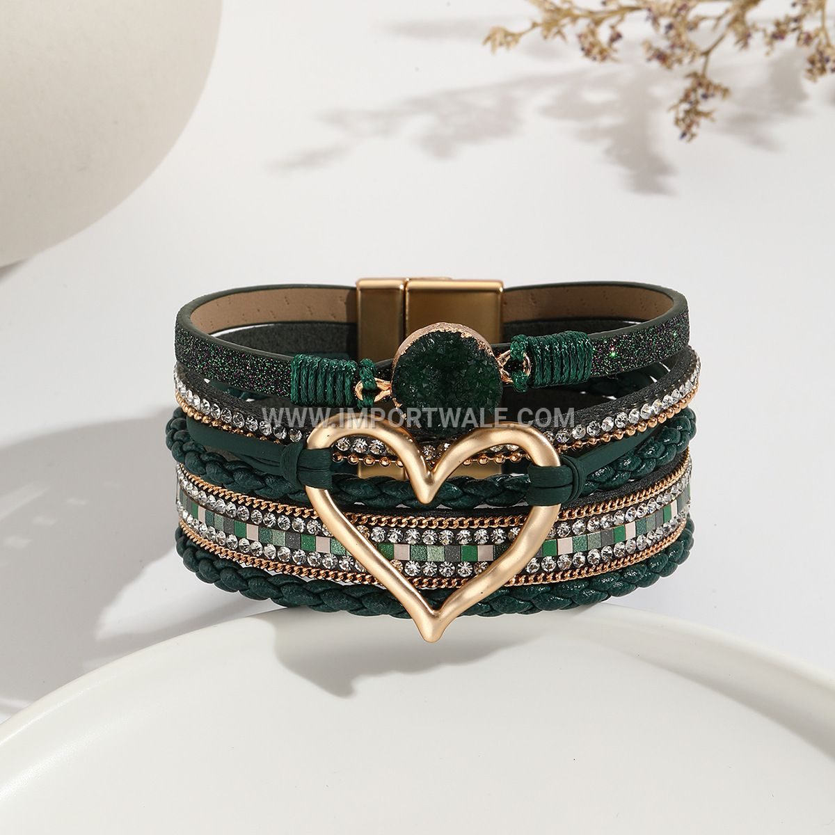 European American Cross-Border Foreign Trade Leather Cord Bracelet Bohemian Multi-Layer Bangle Raw Stone Heart Bracelet for Women