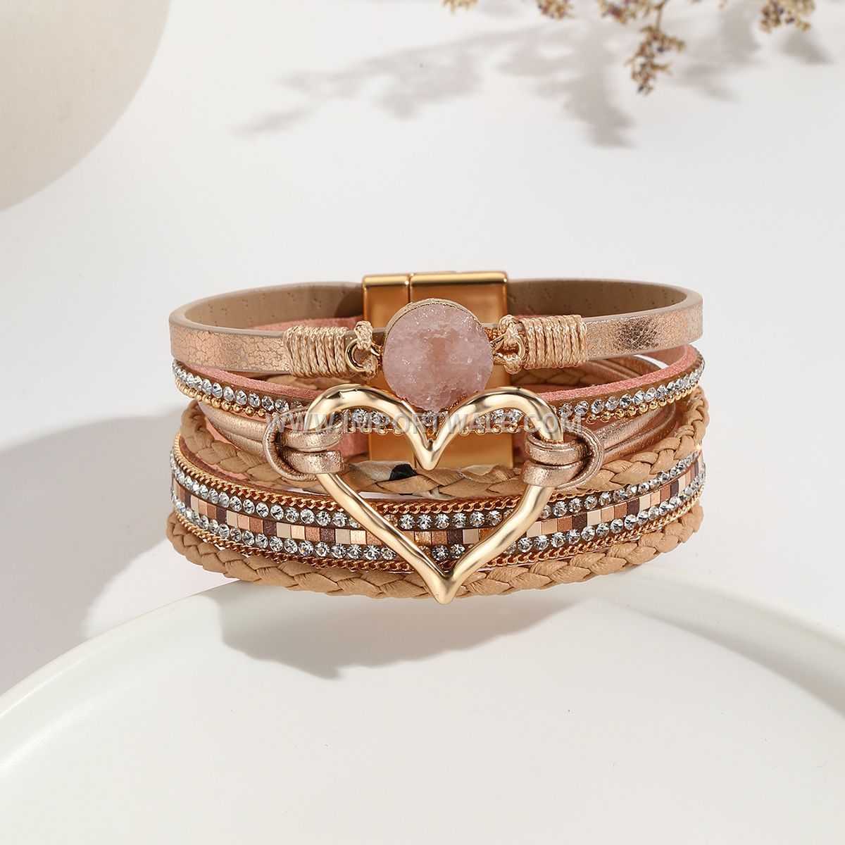 European American Cross-Border Foreign Trade Leather Cord Bracelet Bohemian Multi-Layer Bangle Raw Stone Heart Bracelet for Women