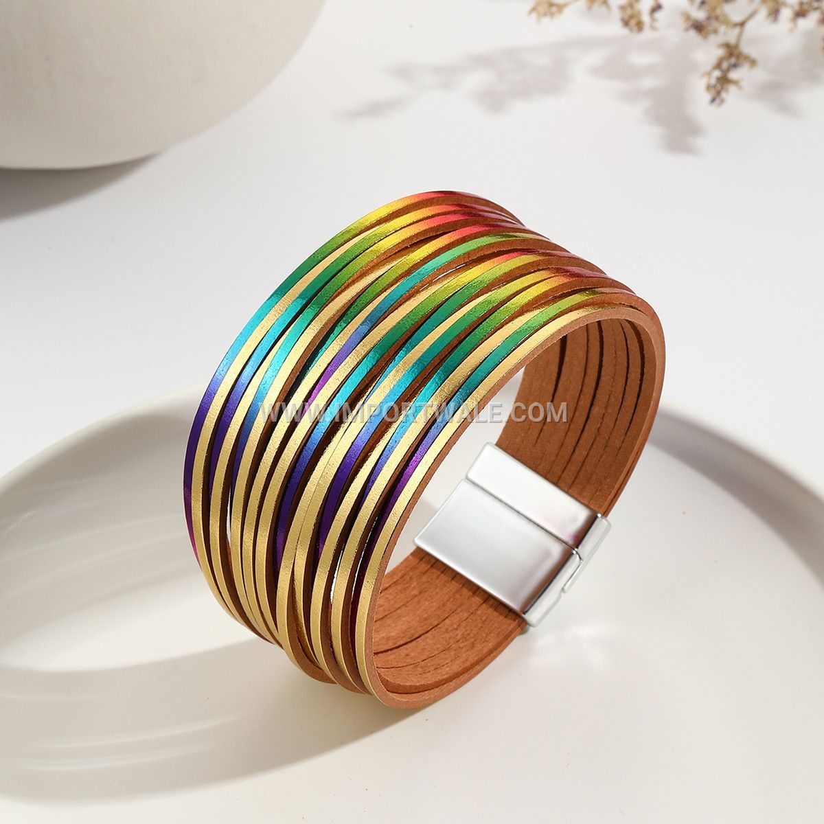 New Amazon Multi-Strand Gradient Men's Leather Cord Bracelet Mixed Color PU Leather Magnetic Clasp