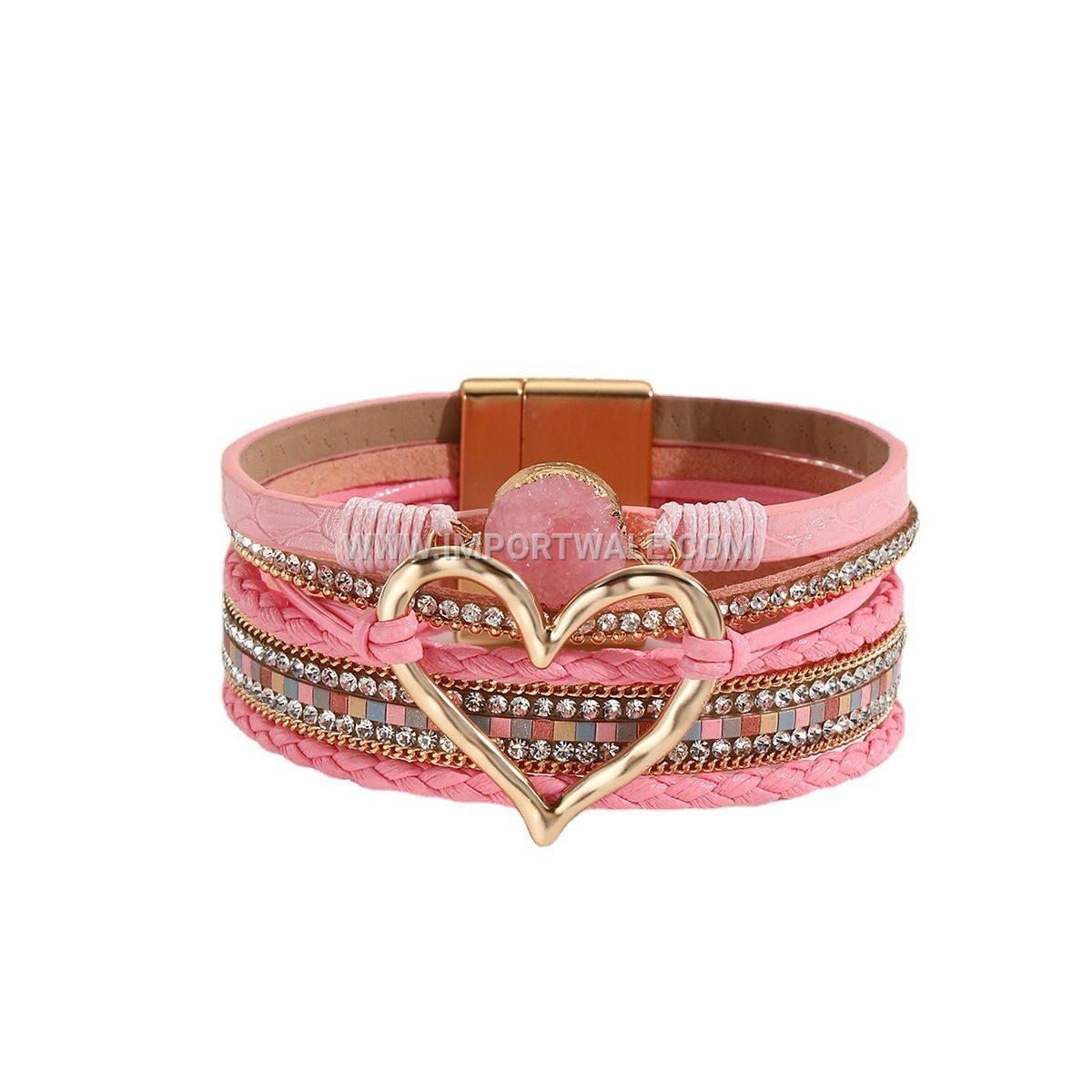 European American Cross-Border Foreign Trade Leather Cord Bracelet Bohemian Multi-Layer Bangle Raw Stone Heart Bracelet for Women
