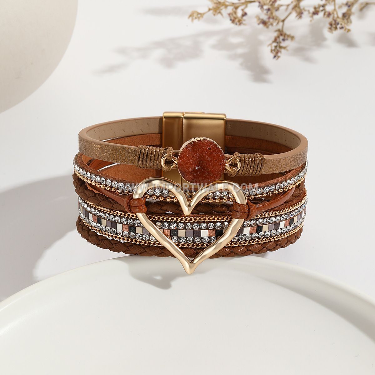 European American Cross-Border Foreign Trade Leather Cord Bracelet Bohemian Multi-Layer Bangle Raw Stone Heart Bracelet for Women