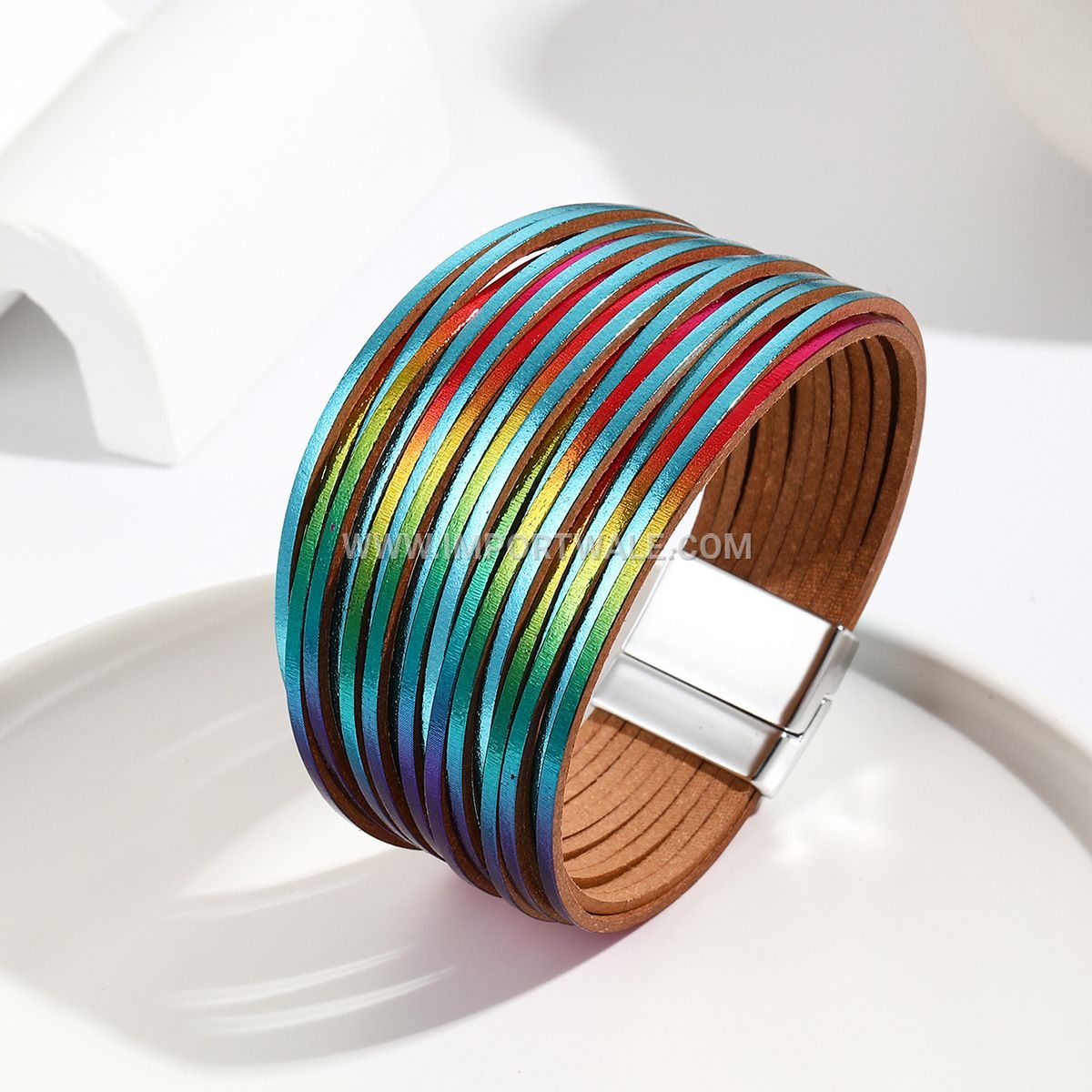 New Amazon Multi-Strand Gradient Men's Leather Cord Bracelet Mixed Color PU Leather Magnetic Clasp