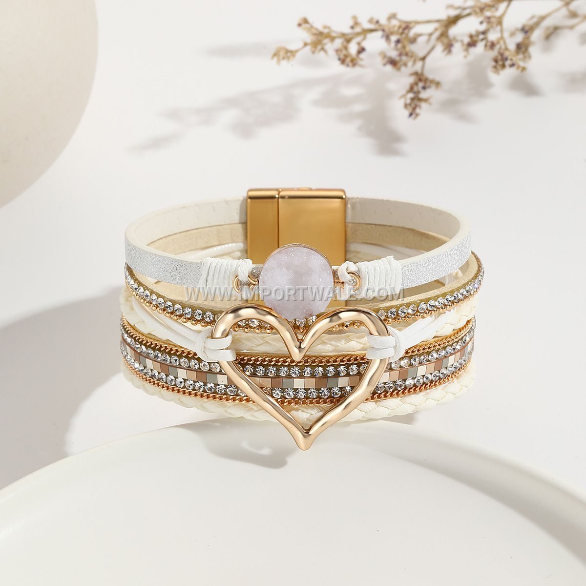 European American Cross-Border Foreign Trade Leather Cord Bracelet Bohemian Multi-Layer Bangle Raw Stone Heart Bracelet for Women