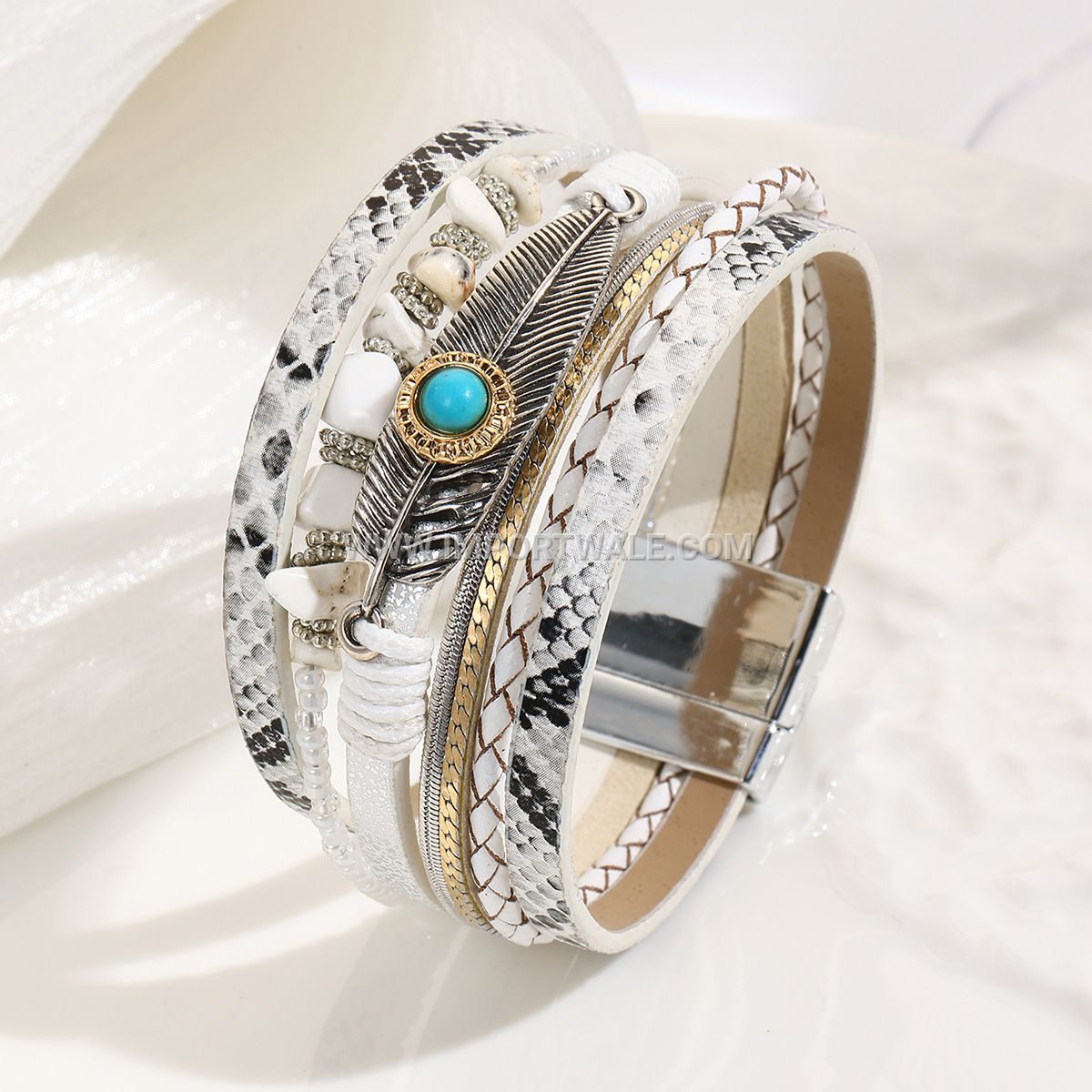 Cross-Border Jade Bohemian Style Bangle Crushed Stone Feather Leather Bracelet Vintage Turquoise Magnetic Clasp