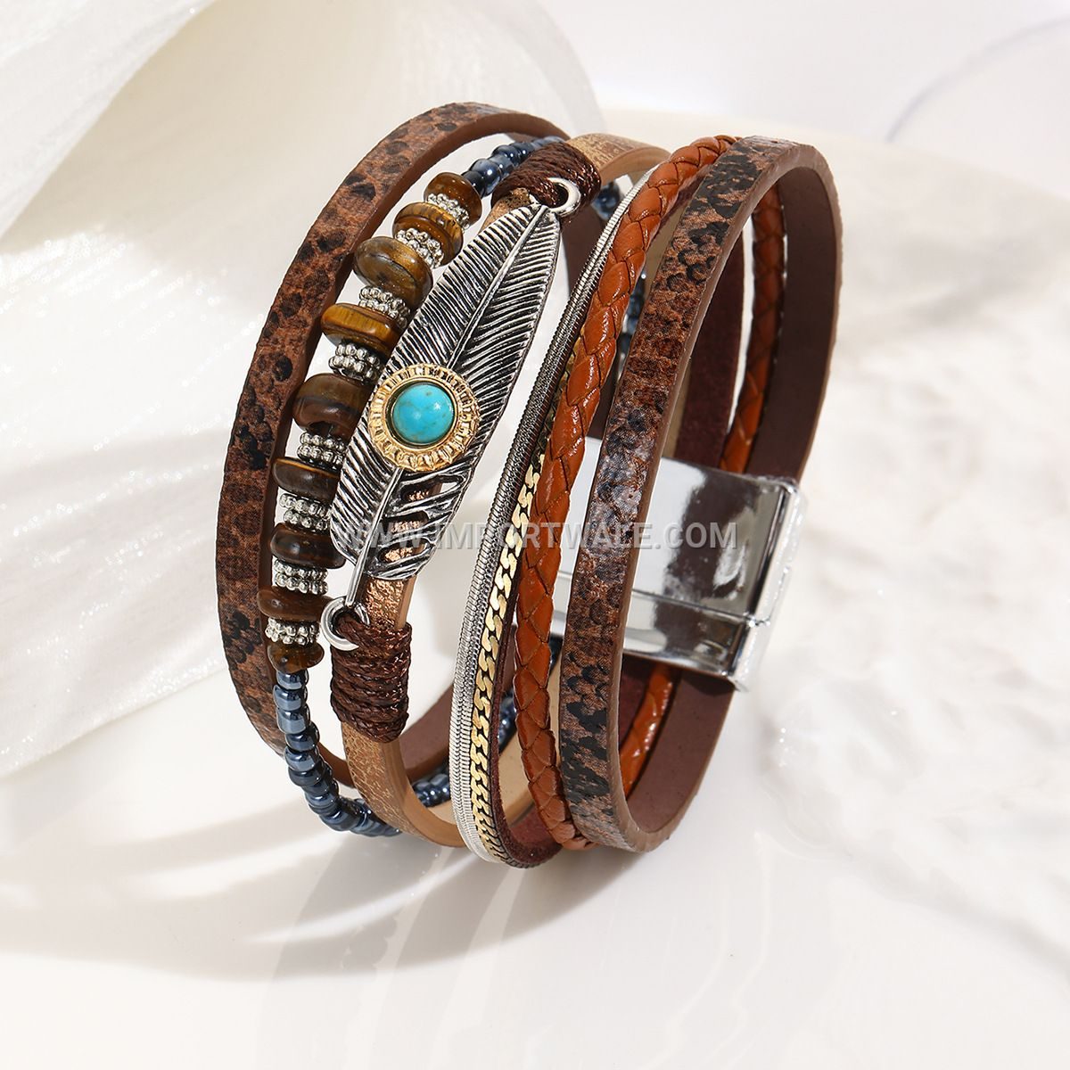 Cross-Border Jade Bohemian Style Bangle Crushed Stone Feather Leather Bracelet Vintage Turquoise Magnetic Clasp