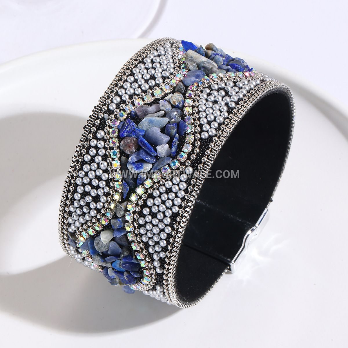 Cross-Border Foreign Trade Crushed Stone Bead Leather Bracelet Bohemian Style Gemstone Bracelet Stainless Steel Magnetic Clasp