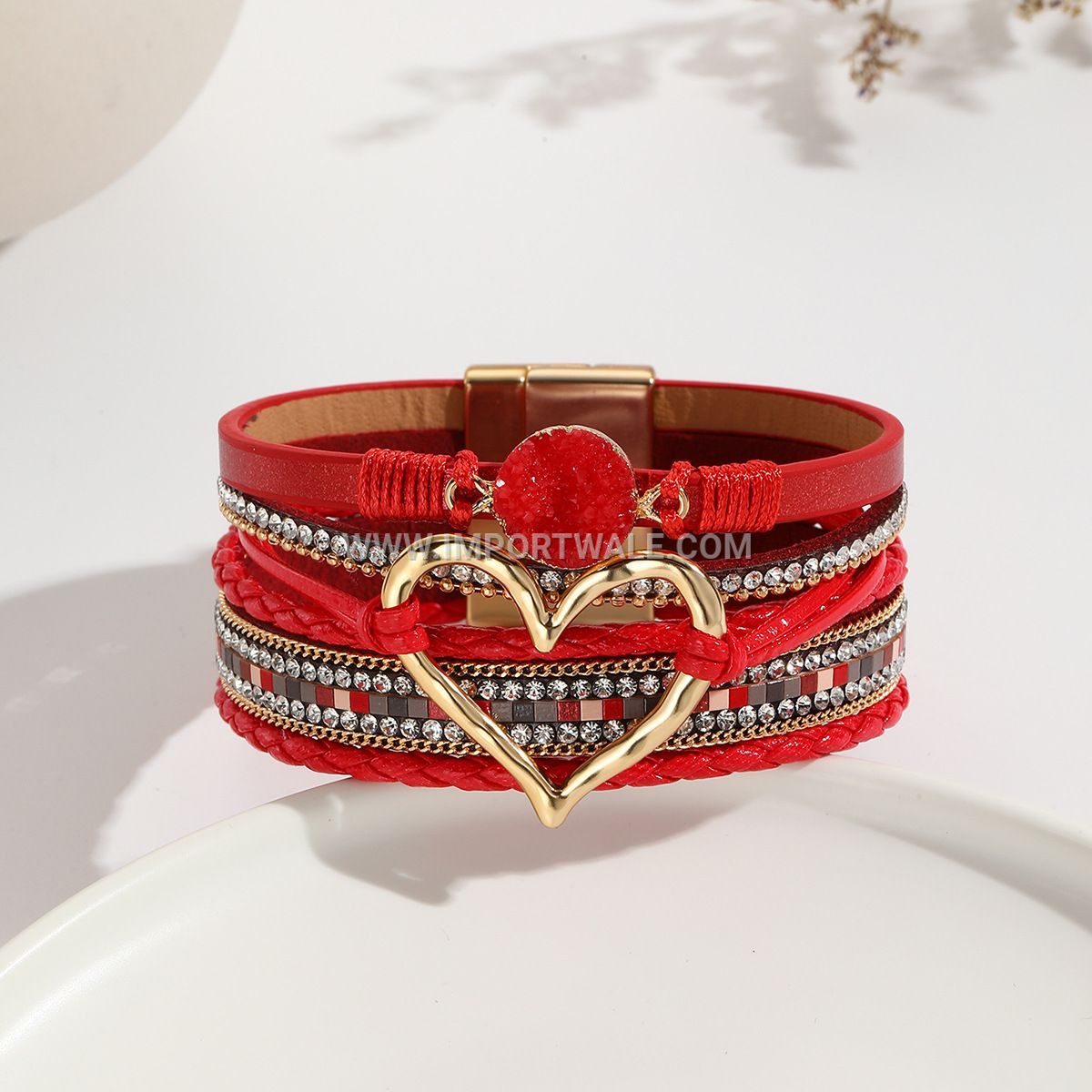 European American Cross-Border Foreign Trade Leather Cord Bracelet Bohemian Multi-Layer Bangle Raw Stone Heart Bracelet for Women