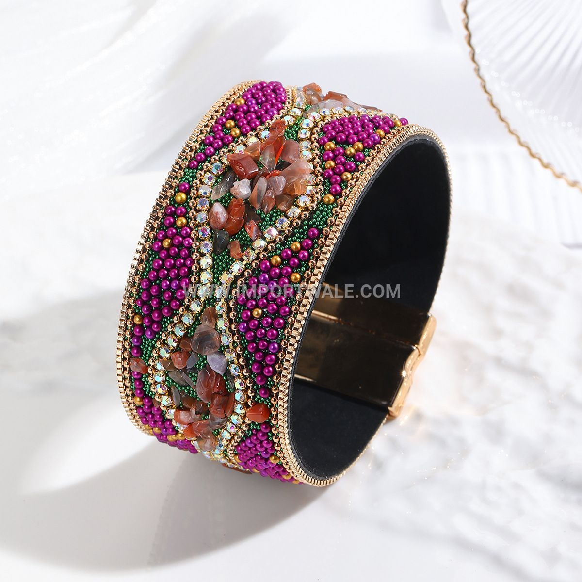 Cross-Border Foreign Trade Crushed Stone Bead Leather Bracelet Bohemian Style Gemstone Bracelet Stainless Steel Magnetic Clasp