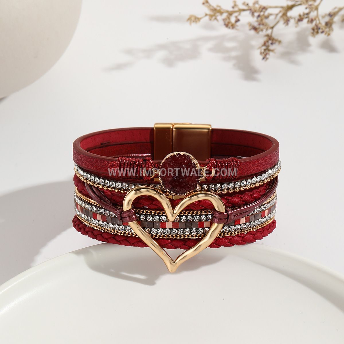 European American Cross-Border Foreign Trade Leather Cord Bracelet Bohemian Multi-Layer Bangle Raw Stone Heart Bracelet for Women