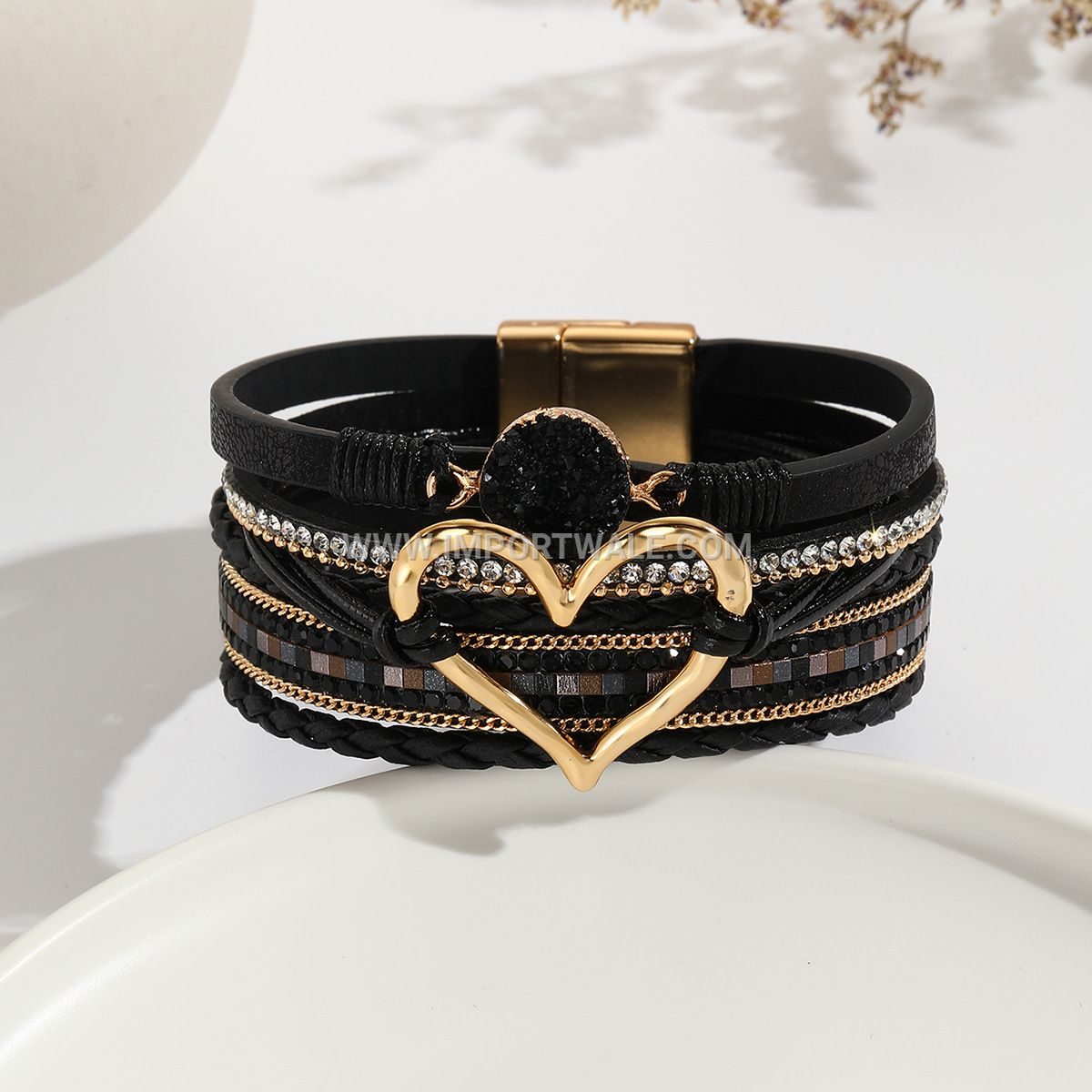 European American Cross-Border Foreign Trade Leather Cord Bracelet Bohemian Multi-Layer Bangle Raw Stone Heart Bracelet for Women