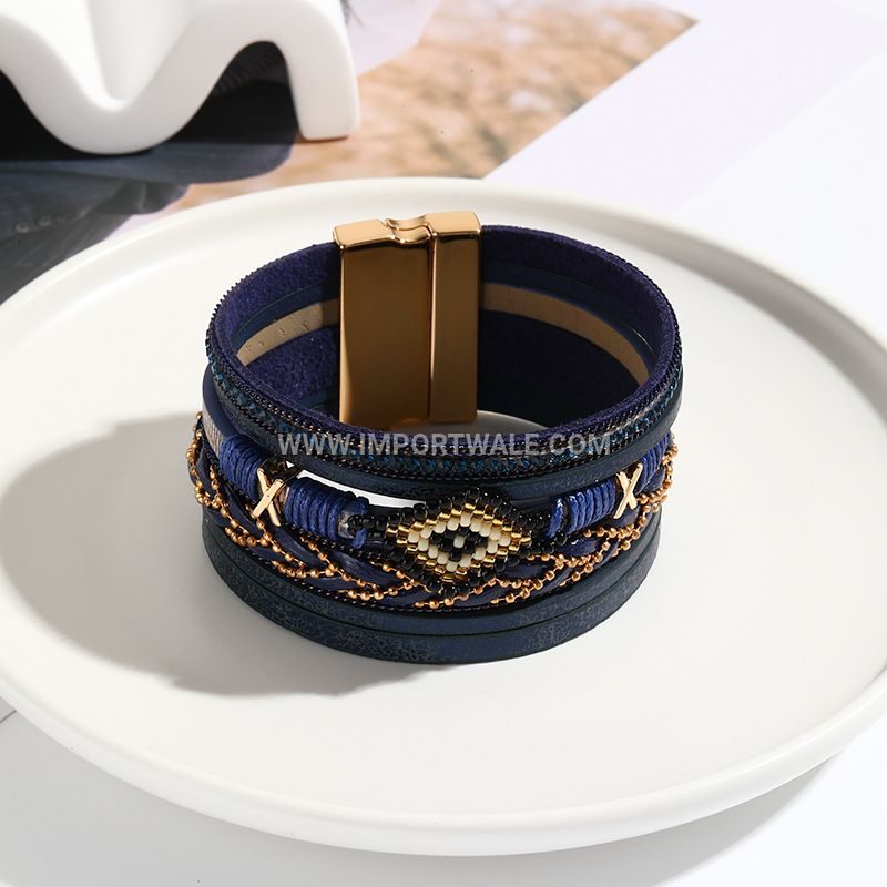 Bohemian Style Cross-Border New Arrival Eye Bead Handwoven Leather Bracelet for Women Simple Jewelry