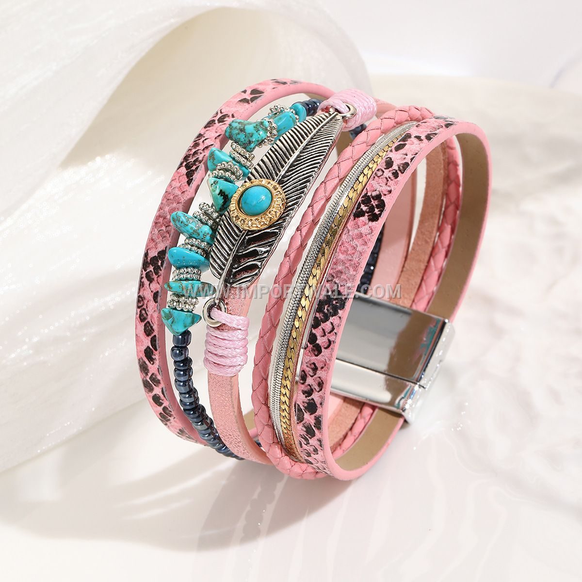 Cross-Border Jade Bohemian Style Bangle Crushed Stone Feather Leather Bracelet Vintage Turquoise Magnetic Clasp