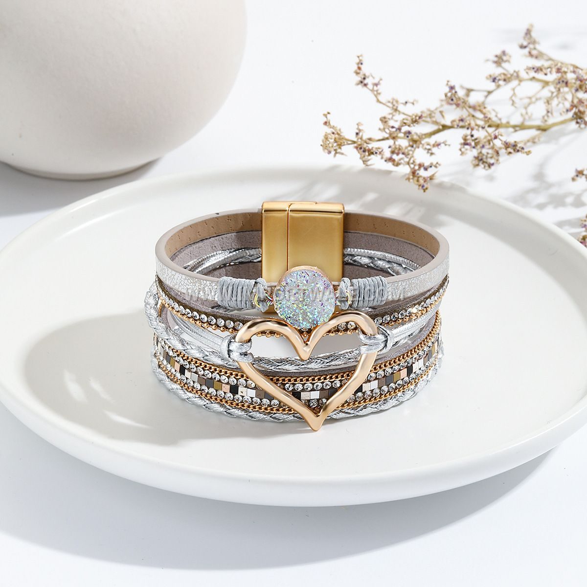 European American Cross-Border Foreign Trade Leather Cord Bracelet Bohemian Multi-Layer Bangle Raw Stone Heart Bracelet for Women