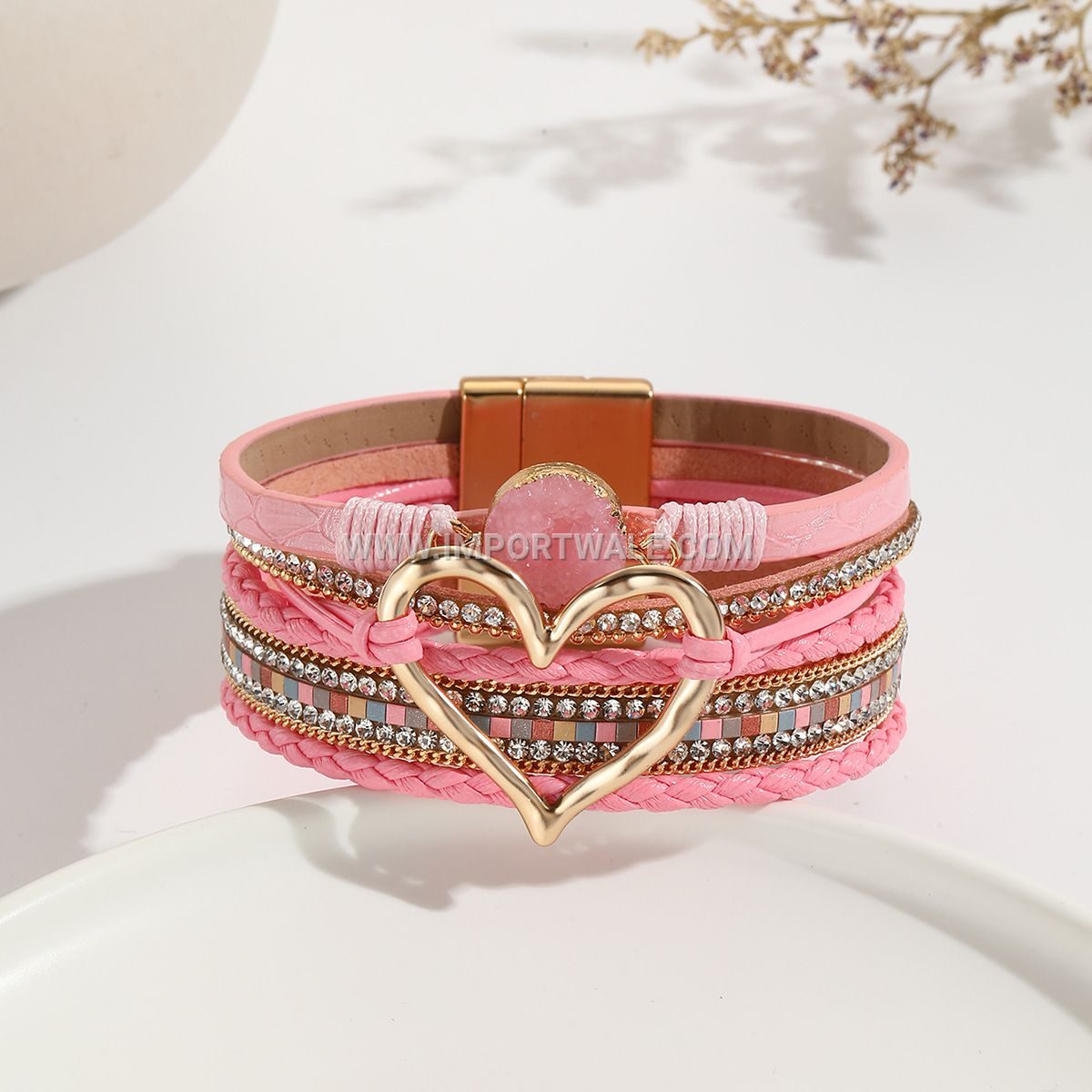 European American Cross-Border Foreign Trade Leather Cord Bracelet Bohemian Multi-Layer Bangle Raw Stone Heart Bracelet for Women