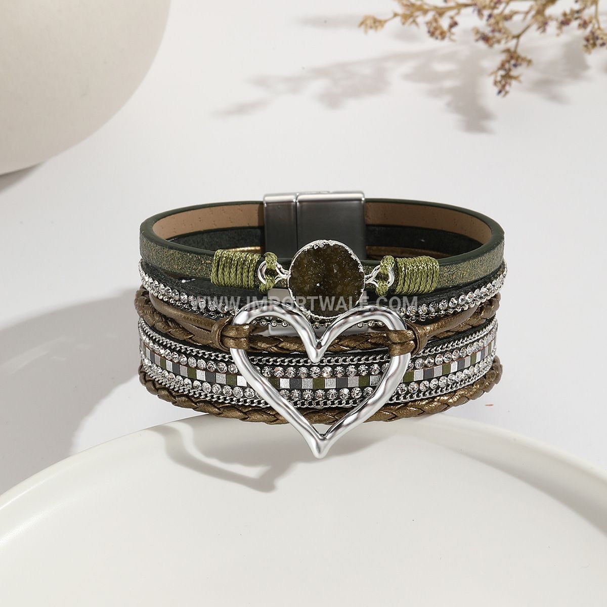 European American Cross-Border Foreign Trade Leather Cord Bracelet Bohemian Multi-Layer Bangle Raw Stone Heart Bracelet for Women