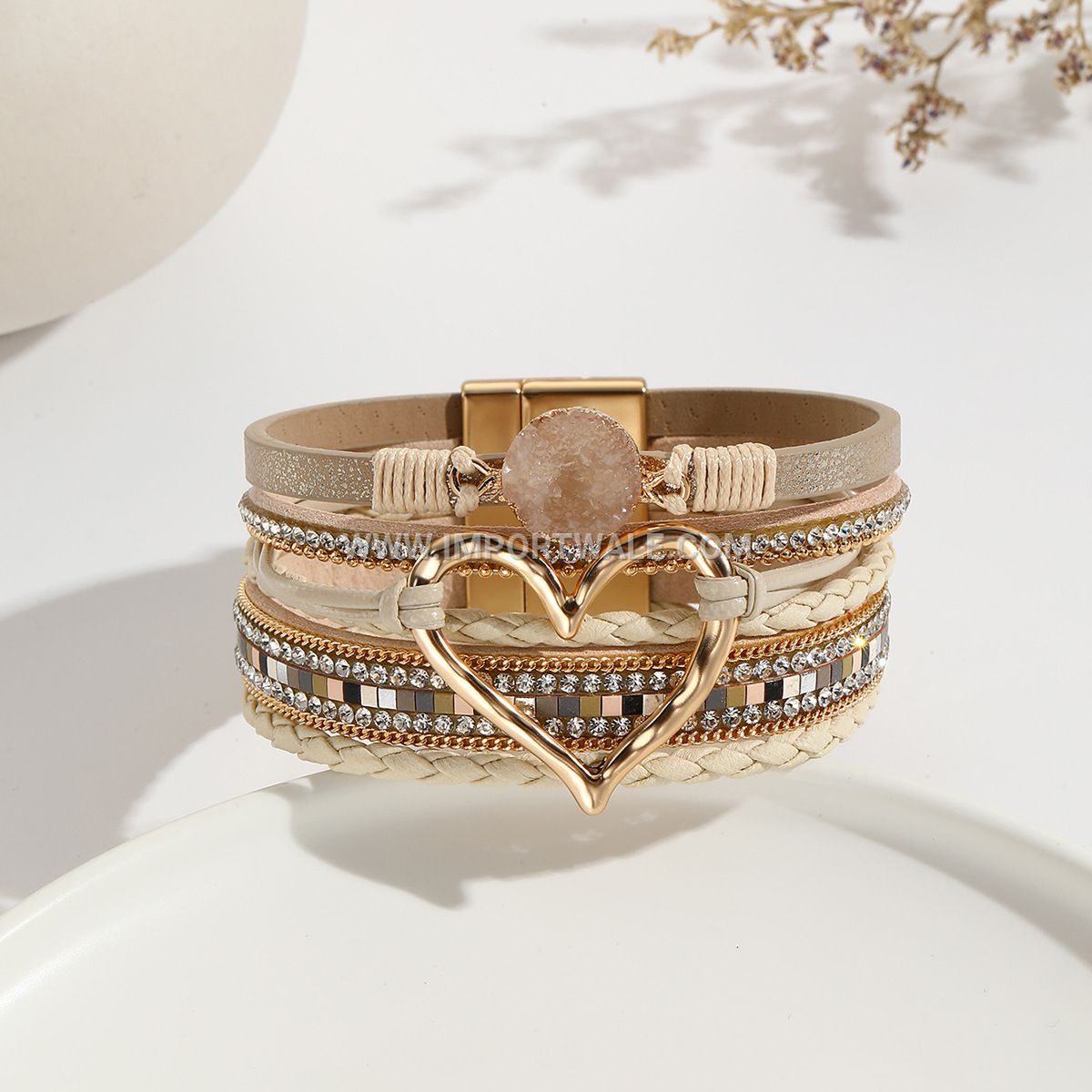 European American Cross-Border Foreign Trade Leather Cord Bracelet Bohemian Multi-Layer Bangle Raw Stone Heart Bracelet for Women