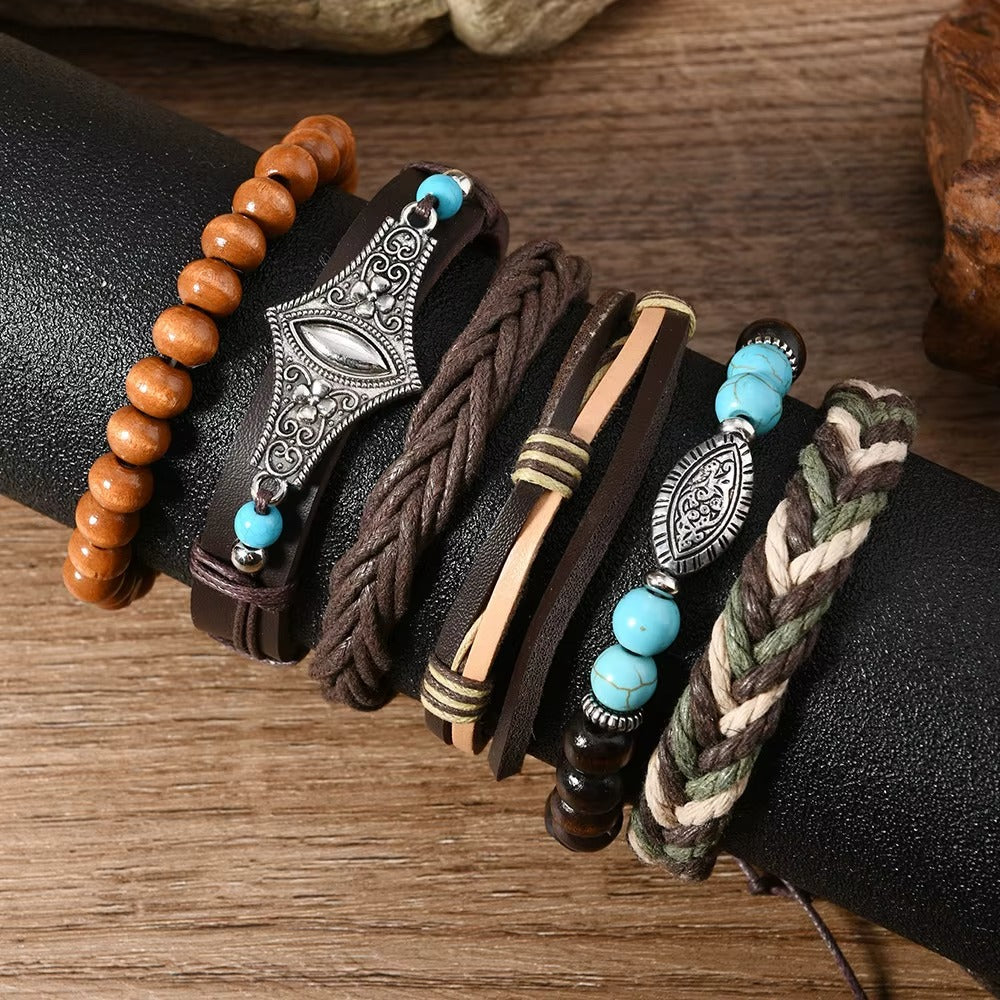 Brown Feather Head- Eye Design Multi-Layer Leather Bracelet for Men Set of 6