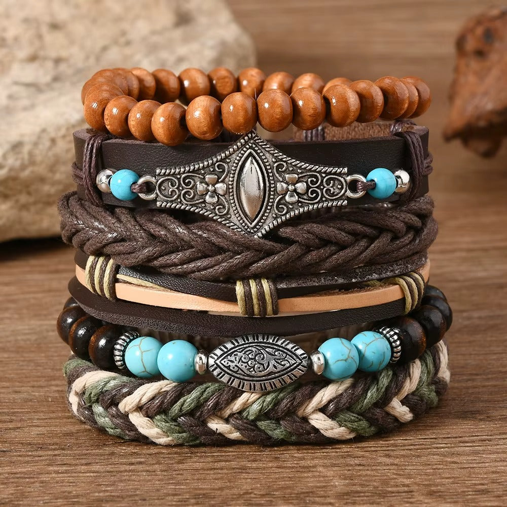 Brown Feather Head- Eye Design Multi-Layer Leather Bracelet for Men Set of 6