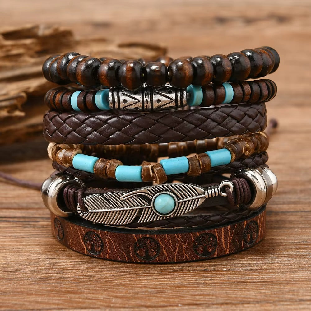 Brown Feather Beaded Multi-Layer Leather Bracelet for Men-Set of 6