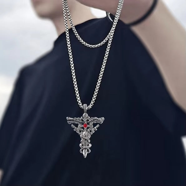 Oxidised Silver Double Dragon Sword Cross Pendant Necklace for Men