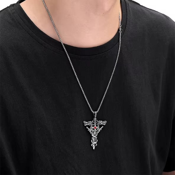 Oxidised Silver Double Dragon Sword Cross Pendant Necklace for Men
