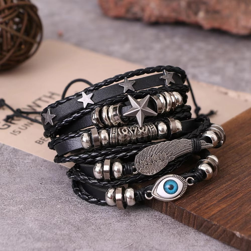 Pack of 5 Black Eclipse Eye Braided PU Leather Bracelet For Men