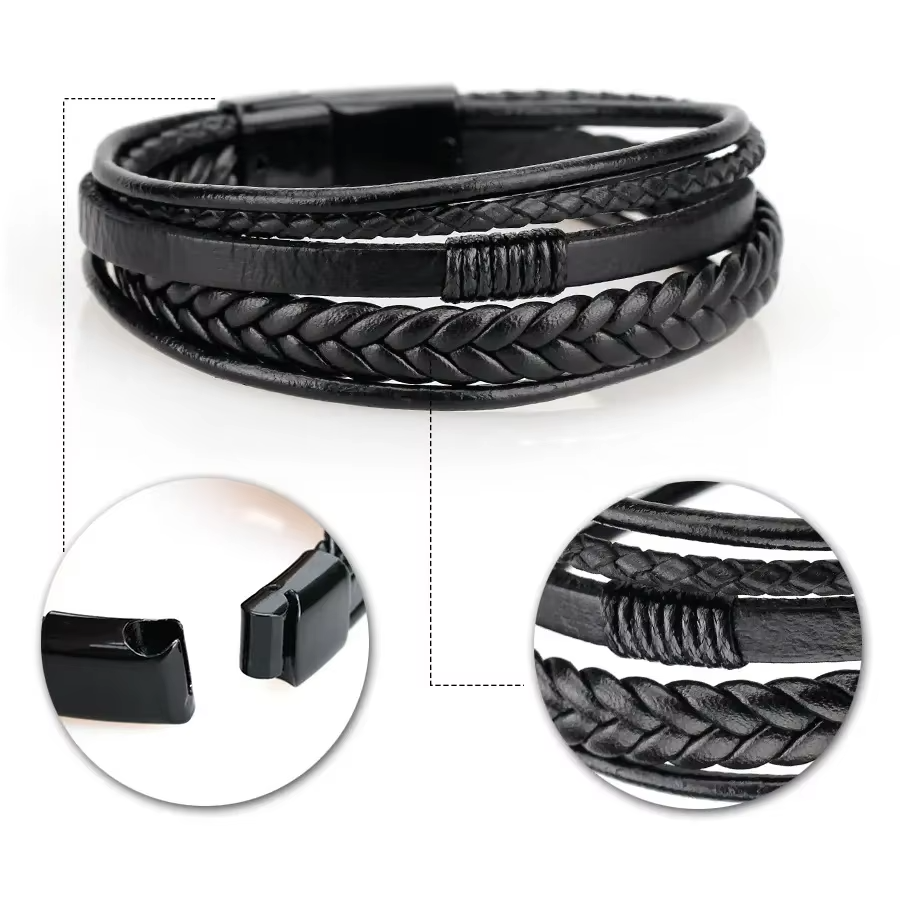 Black Braided Leather Bracelet for Men