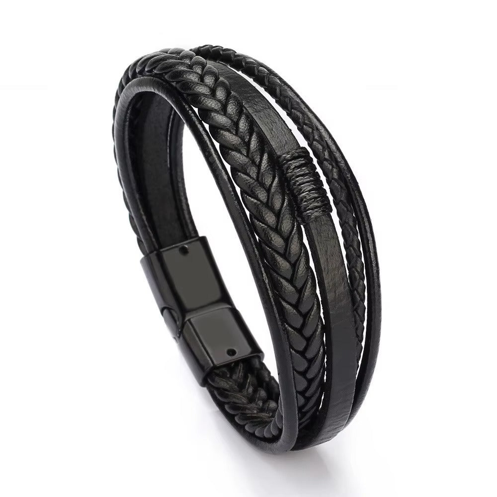 Black Braided Leather Bracelet for Men