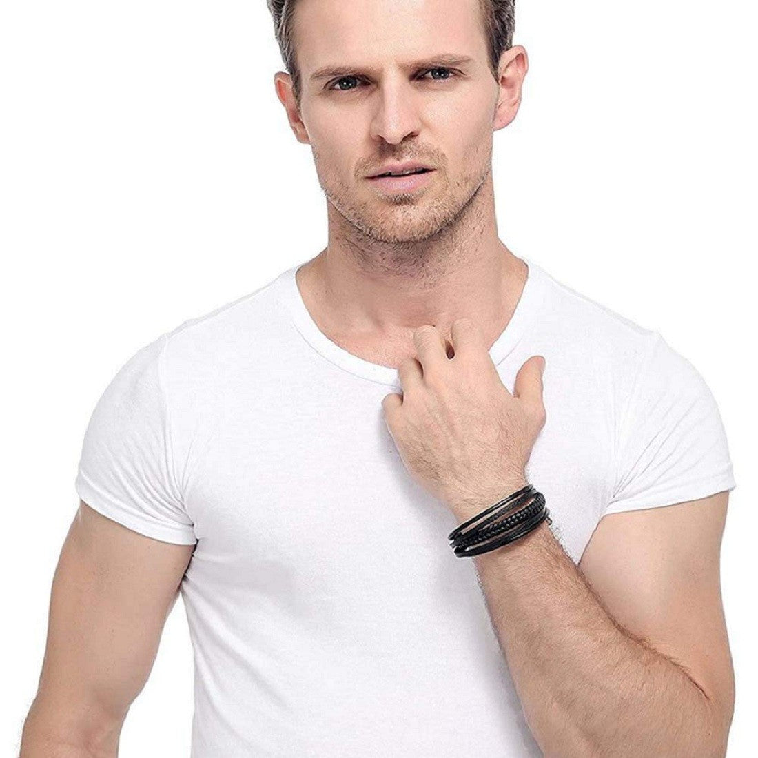 Black Braided Magnetic Clasp Leather Bracelet for Men