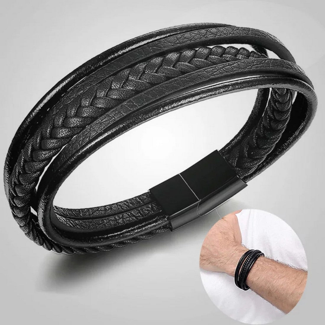 Black Braided Magnetic Clasp Leather Bracelet for Men
