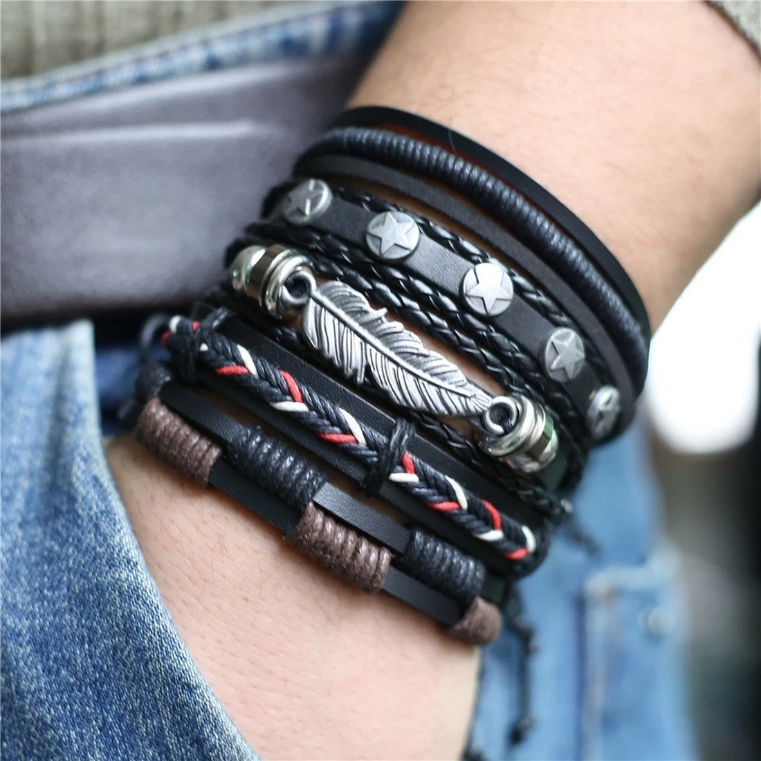 Pack of 5 black leather leaf charm adjustable bracelet